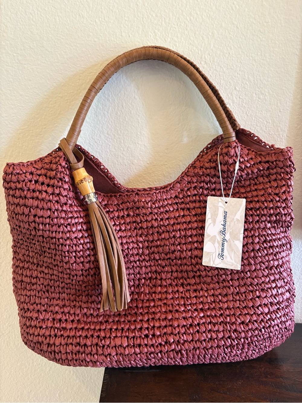 Tommy Bahama Maroon Woven Tote with Leather Tassel - Picture 4 of 5